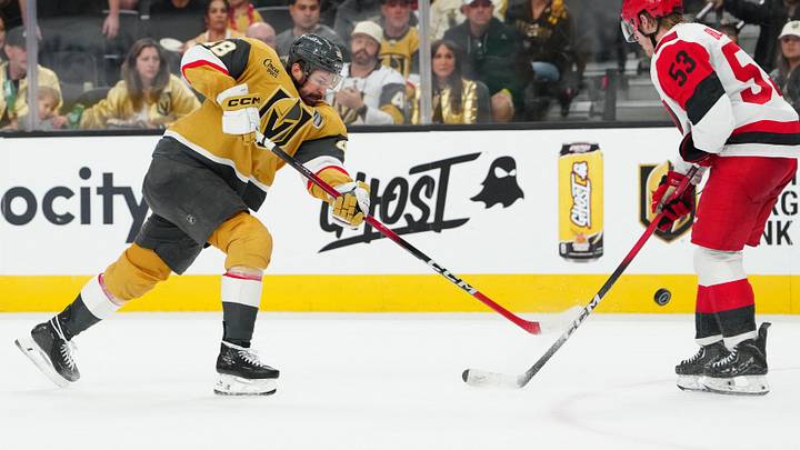 Jun 14, 2026; Las Vegas, Nevada, USA; Vegas Golden Knights right wing Mark Stone (61) shoots the puck against Carolina Hurricanes right wing Jackson Blake (53) during the third period in game six of the 2026 Stanley Cup Final at T-Mobile Arena. Mandatory Credit: Stephen R. Sylvanie-Imagn Images